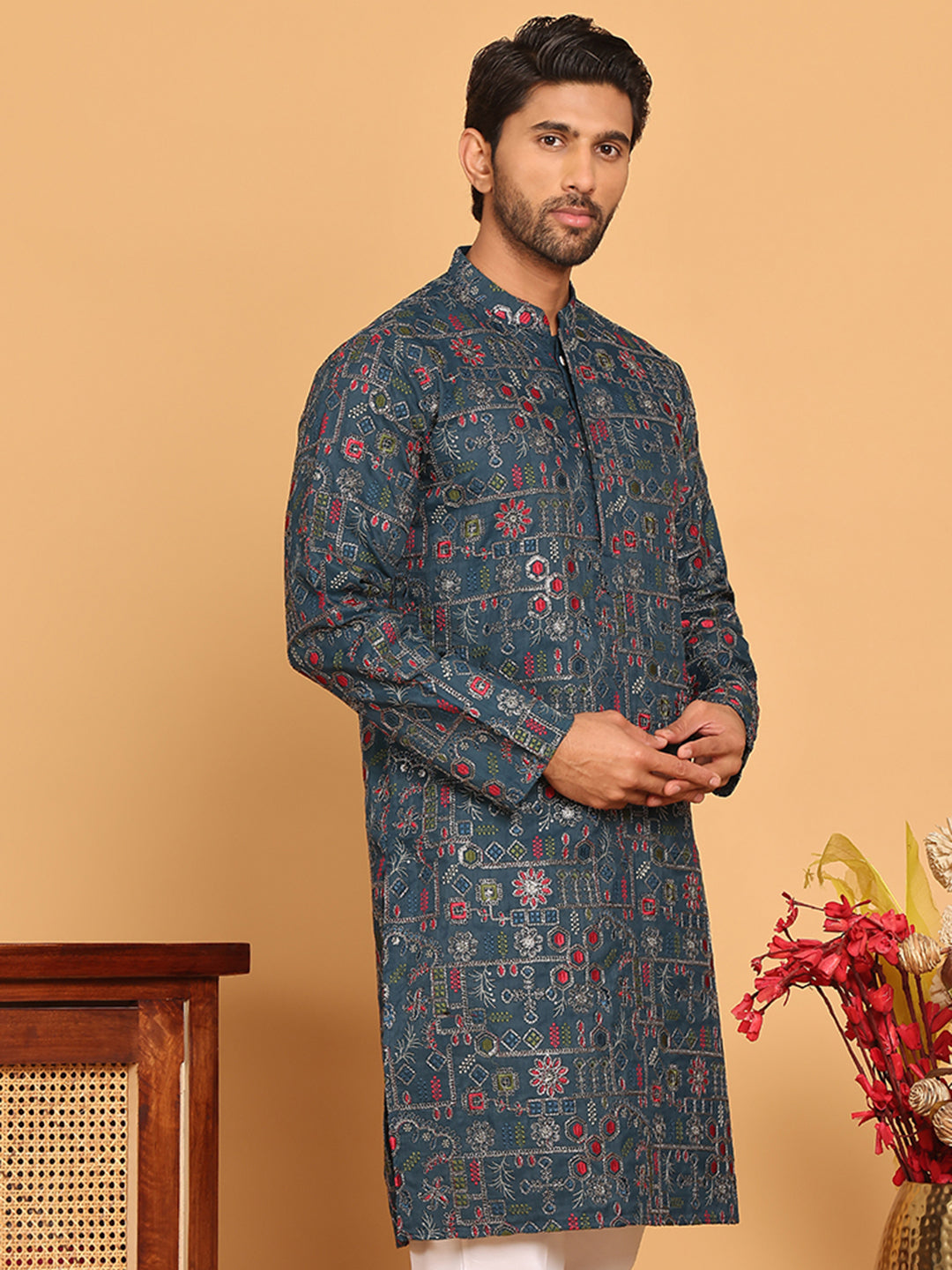 DesiQlo Men Embroidered Kurta Only - Green - KO_5192Teal_S