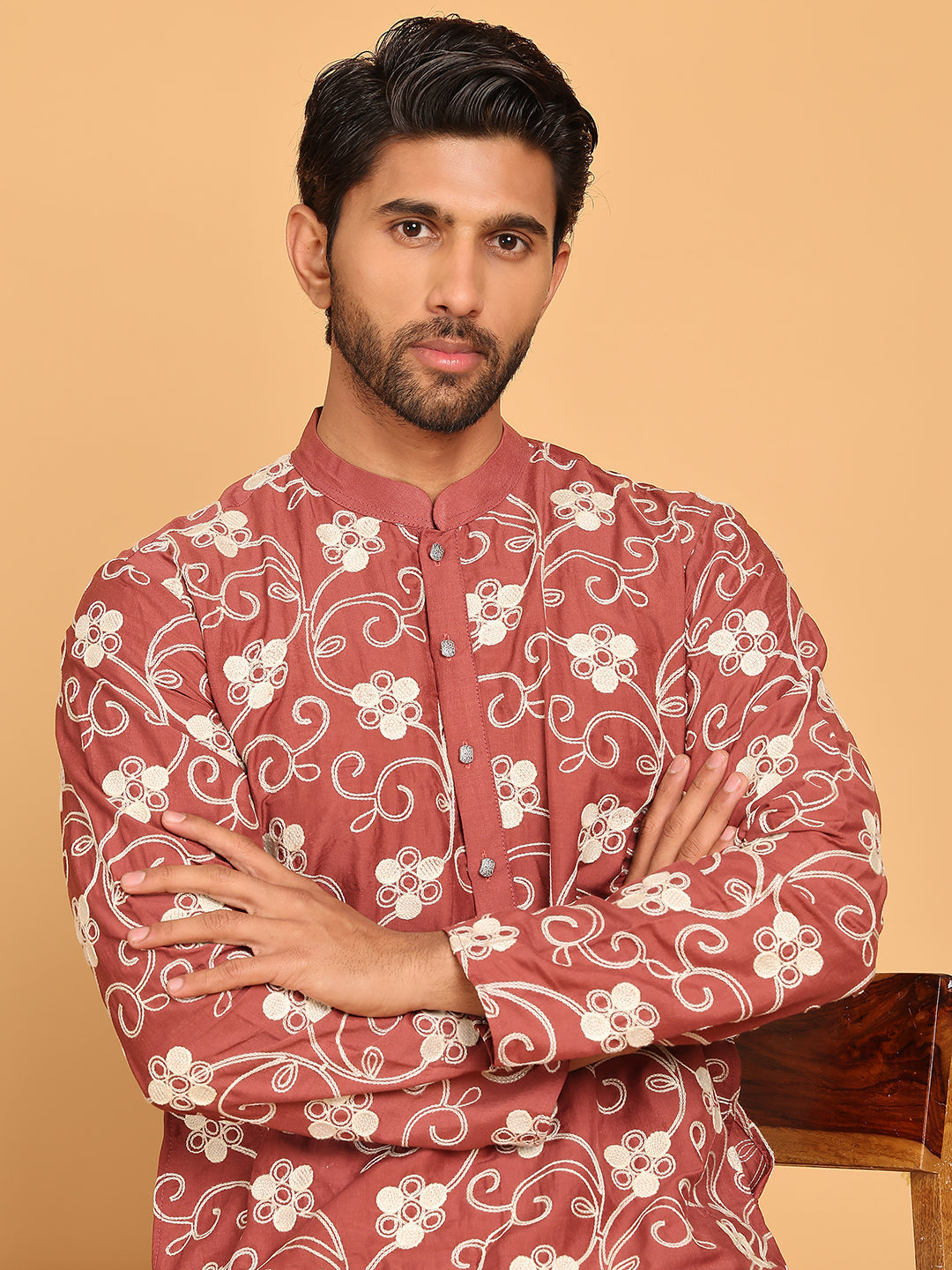 Floral Embroidered Straight Kurtas For Men ( KO 5193 Rust ) [FF] [I-1-4]