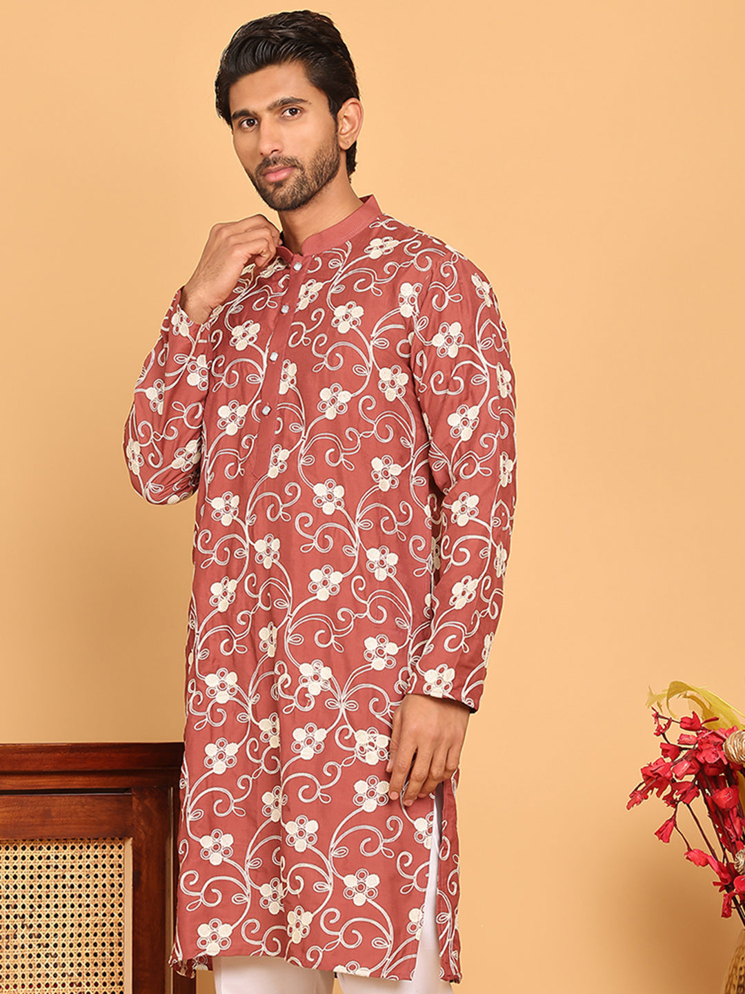DesiQlo Men Embroidered Kurta Only - Red - KO_5193Rust_S