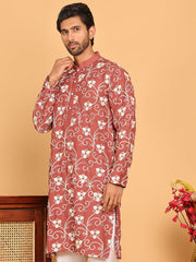 Floral Embroidered Straight Kurtas For Men ( KO 5193 Rust ) [FF] [I-1-4]