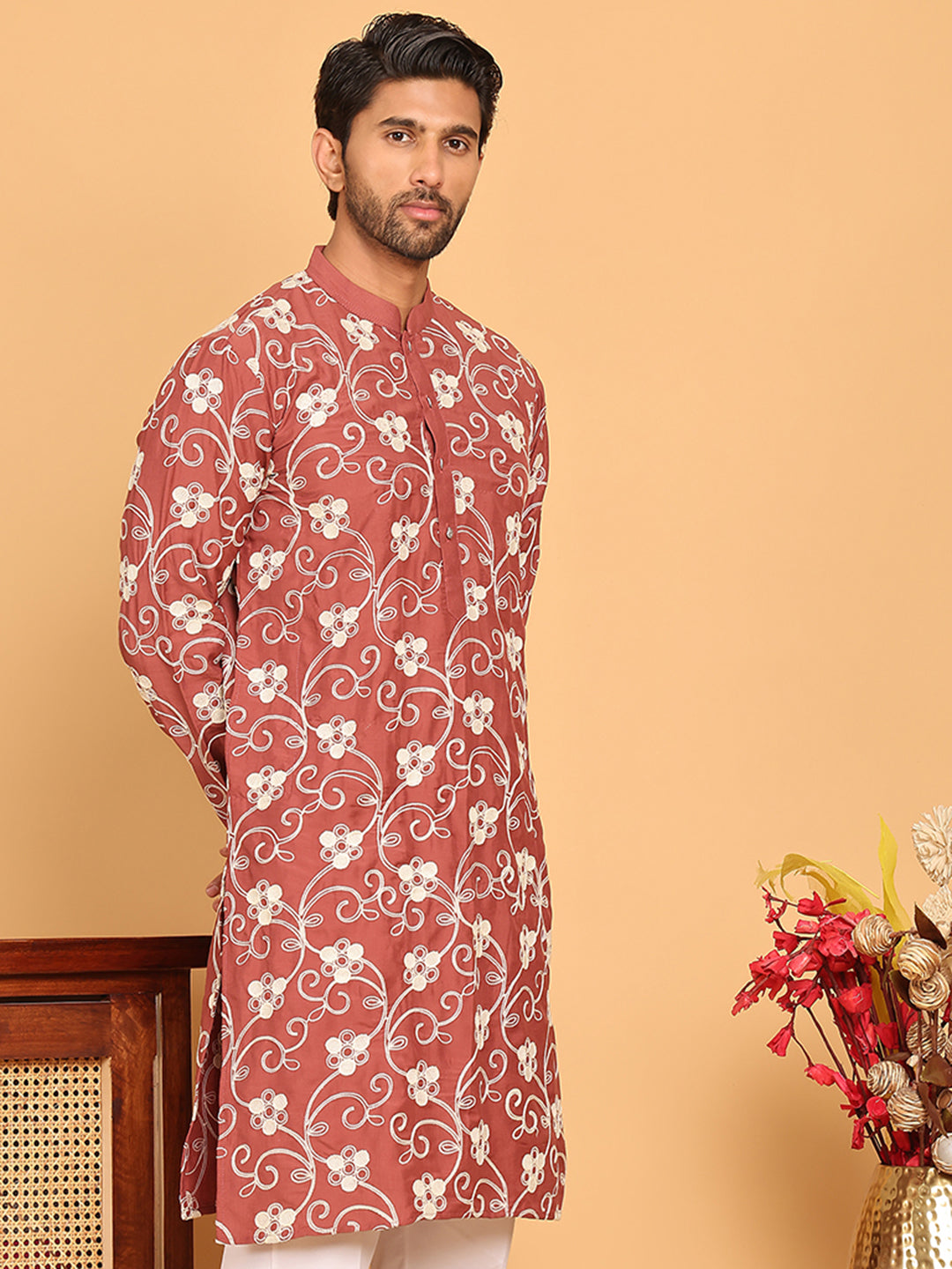 DesiQlo Men Embroidered Kurta Only - Red - KO_5193Rust_S