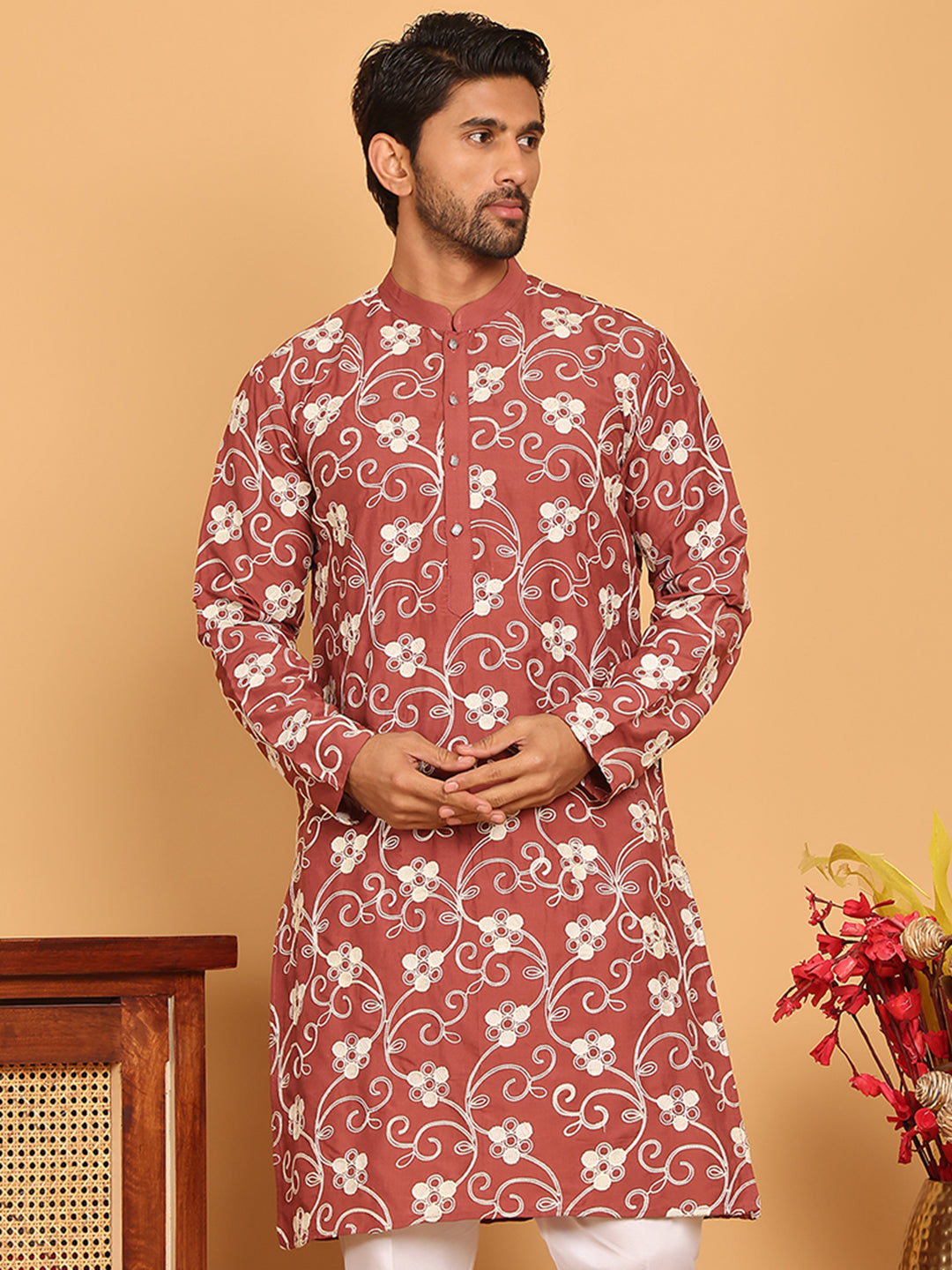 DesiQlo Men Embroidered Kurta Only - Red - KO_5193Rust_S