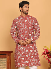 Floral Embroidered Straight Kurtas For Men ( KO 5193 Rust ) [FF] [I-1-4]