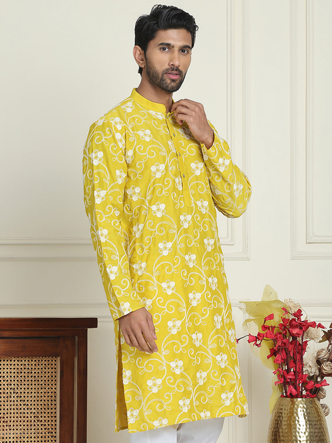 DesiQlo Men Embroidered Kurta Only - Yellow - KO_5193Yellow_S