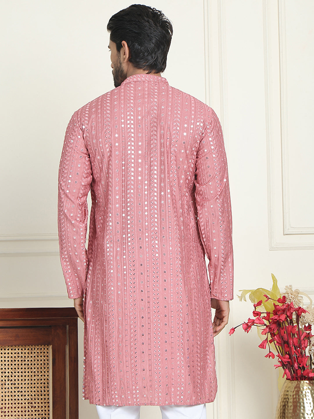 DesiQlo Men Embroidered Kurta Only - Orange - KO_5194Coral_S