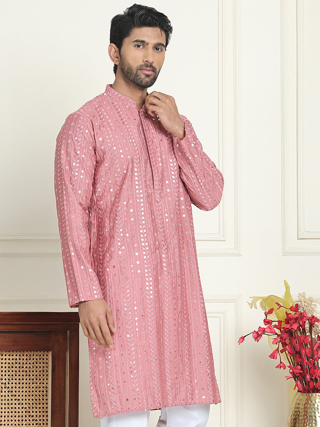 DesiQlo Men Embroidered Kurta Only - Orange - KO_5194Coral_S