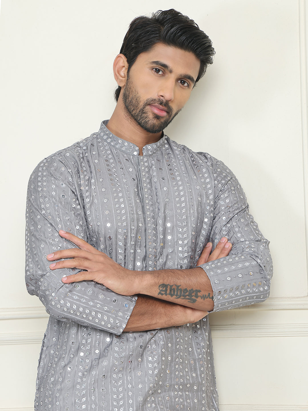 Embroidered Straight Kurtas For Men ( KO 5195 Grey ) [FF] [J-4-3]