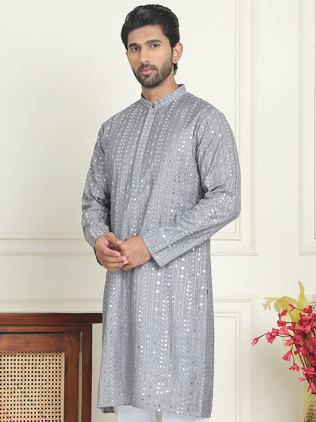 DesiQlo Men Embroidered Kurta Only - Grey - KO_5195Grey_S