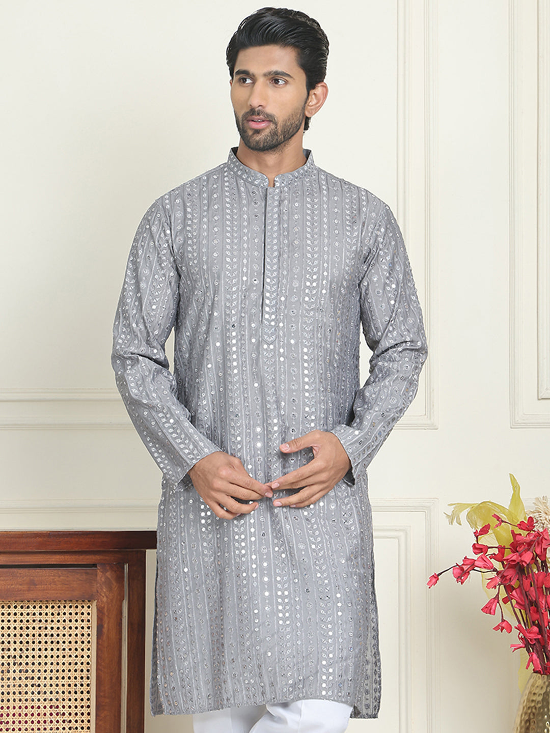 DesiQlo Men Embroidered Kurta Only - Grey - KO_5195Grey_S