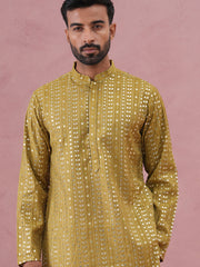 Embroidered and mirror work straight Kurta For Men ( KO 5194 Mehndi ) [FF] [N-9]