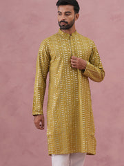 Embroidered and mirror work straight Kurta For Men ( KO 5194 Mehndi ) [FF] [N-9]