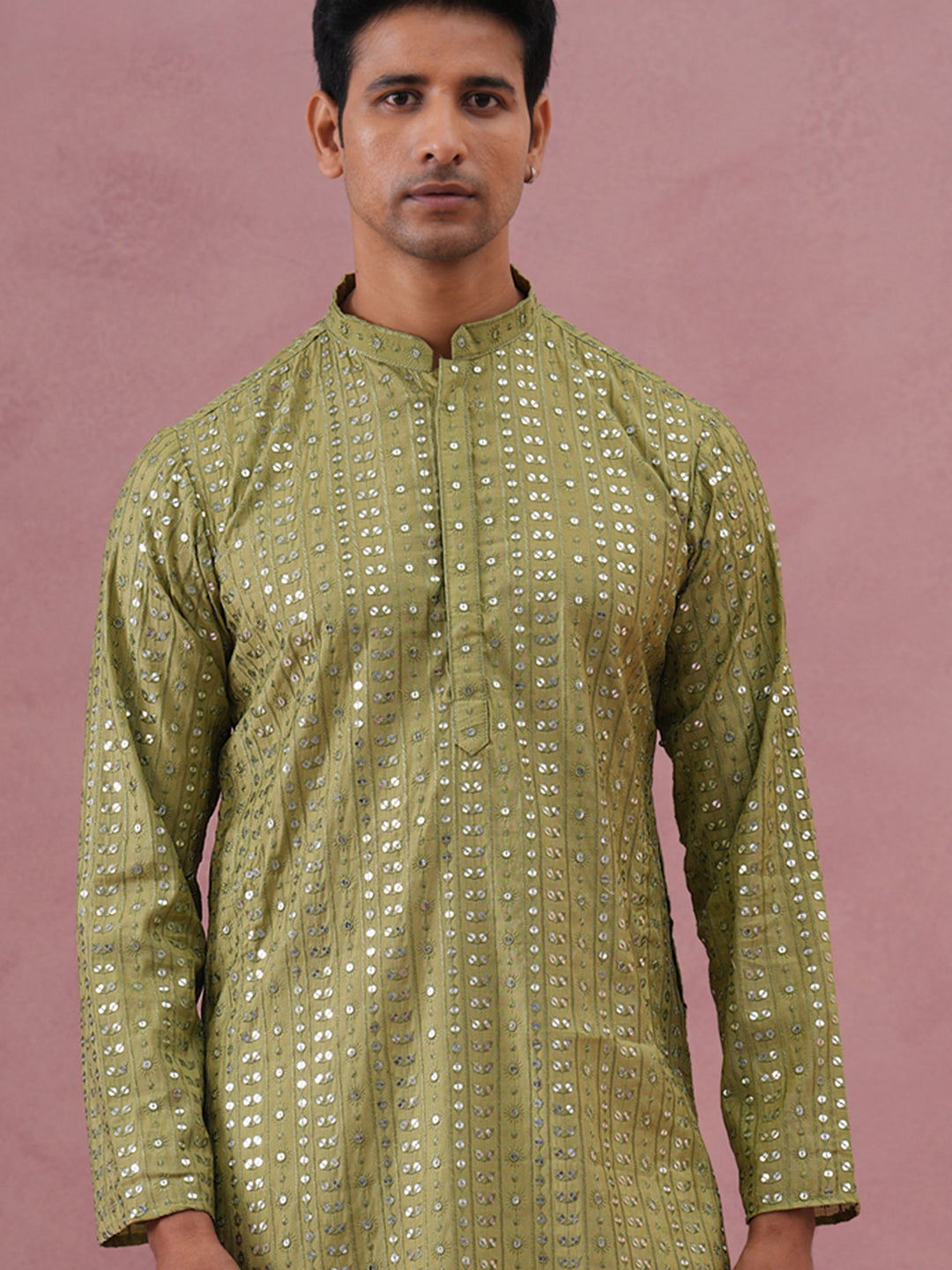 DesiQlo Men Embroidered Kurta Only - Green - KO_5194Olive_S