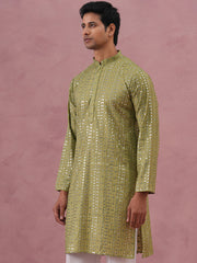 Embroidered and mirror work straight Kurta For Men ( KO 5194 Olive ) [FF] [N-9]