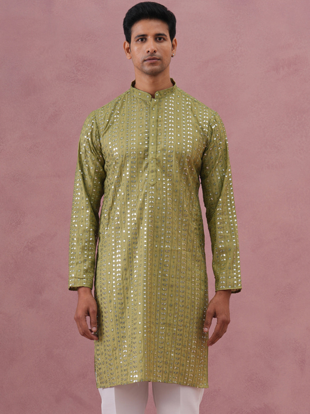 DesiQlo Men Embroidered Kurta Only - Green - KO_5194Olive_S