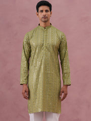 Embroidered and mirror work straight Kurta For Men ( KO 5194 Olive ) [FF] [N-9]
