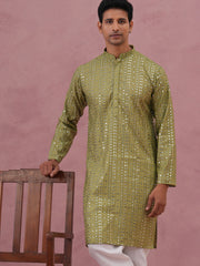 Embroidered and mirror work straight Kurta For Men ( KO 5194 Olive ) [FF] [N-9]