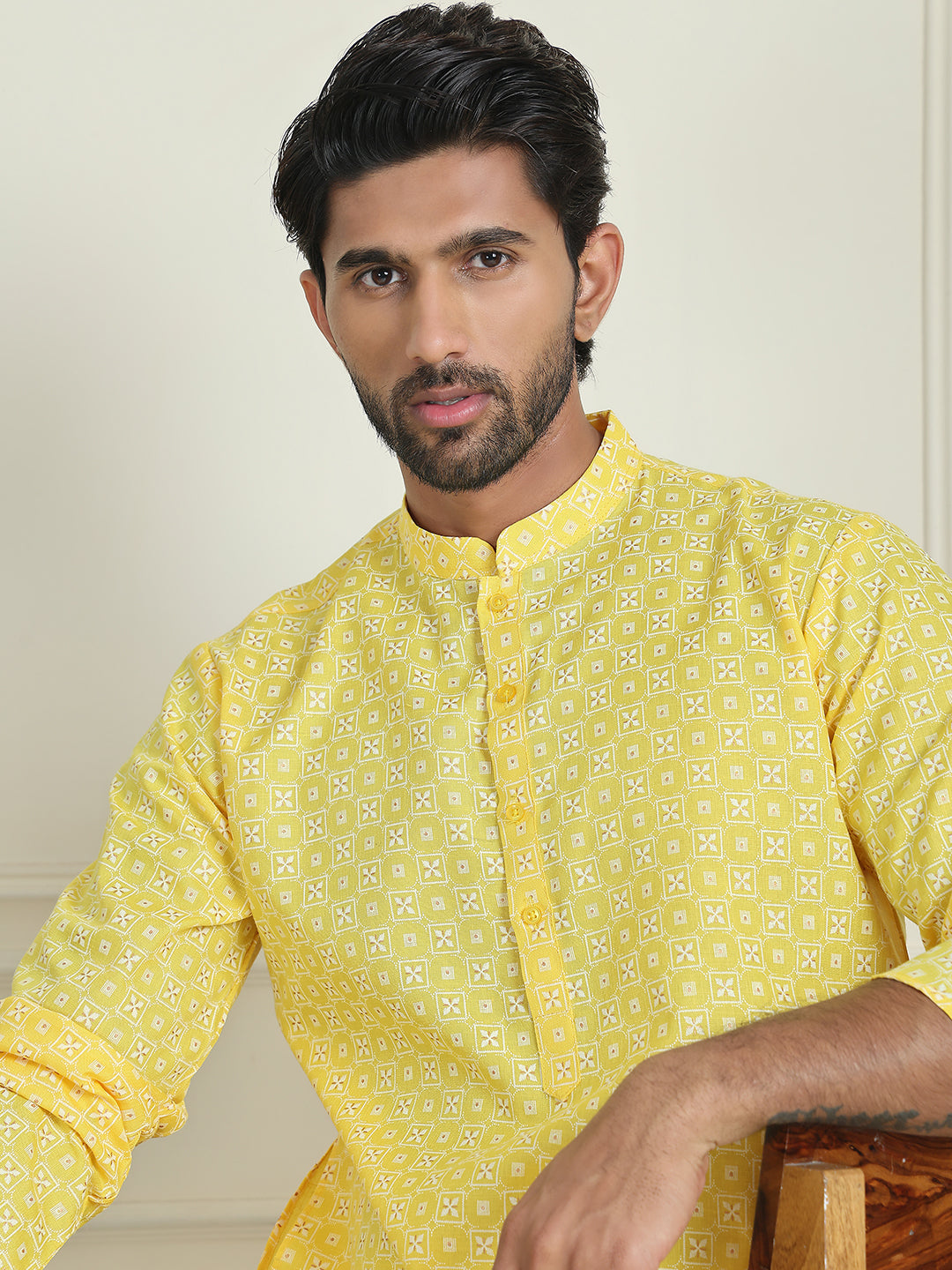 Men's Geometric Printed Kurtas. ( KO 5198 Lemon ) [FF] [L-19-18]