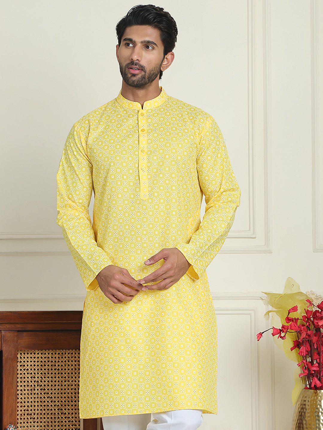 DesiQlo Men Printed Kurta Only - Yellow - KO_5198Lemon_S