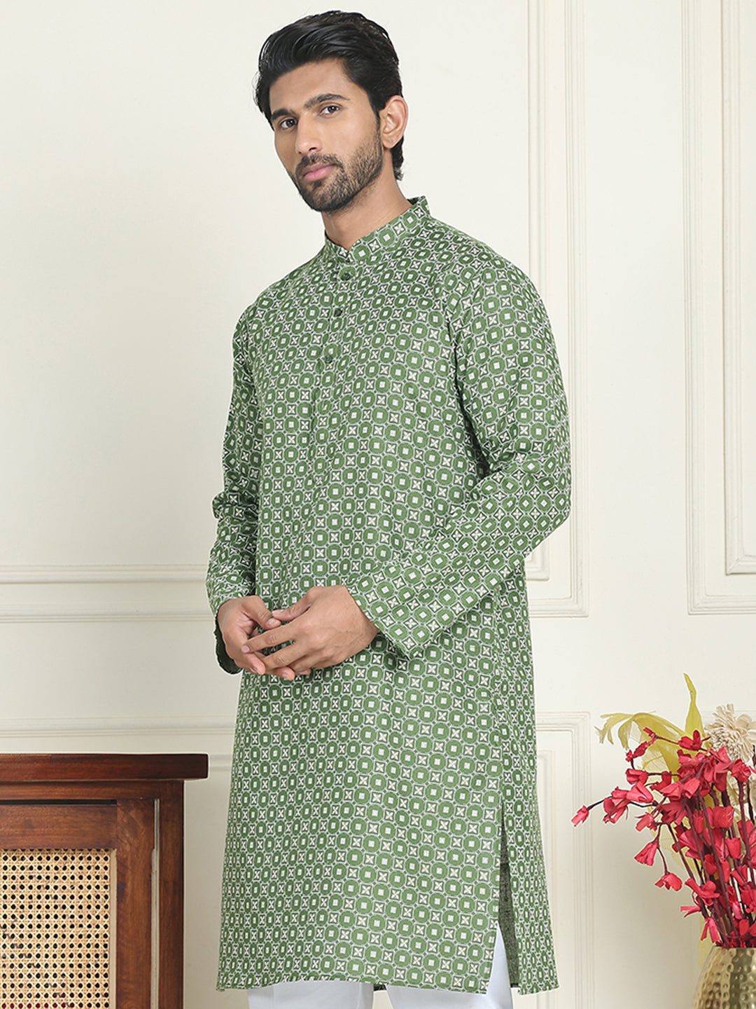 DesiQlo Men Printed Kurta Only - Green - KO_5198Olive_S