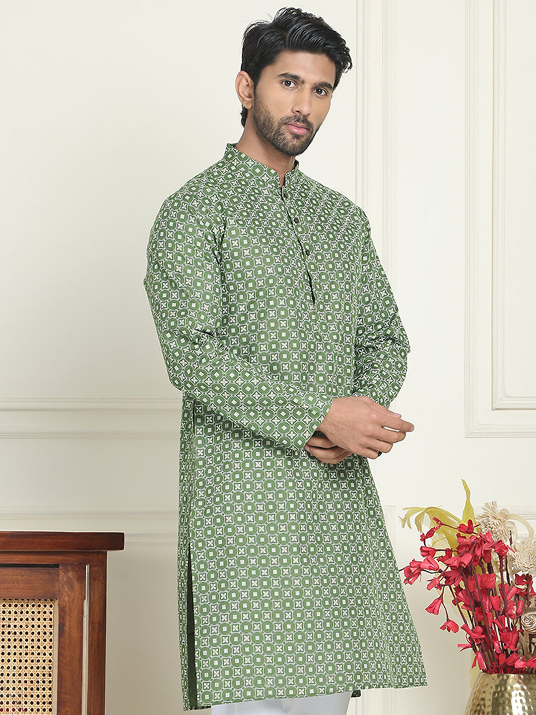 DesiQlo Men Printed Kurta Only - Green - KO_5198Olive_S