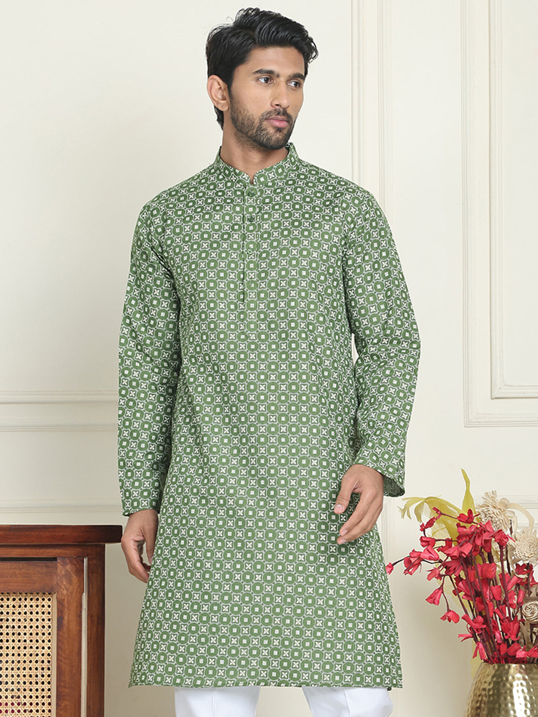 DesiQlo Men Printed Kurta Only - Green - KO_5198Olive_S