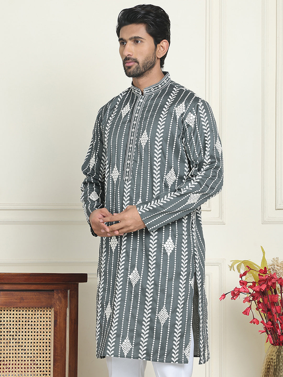 DesiQlo Men Embroidered Kurta Only - Grey - KO_5199Grey_S