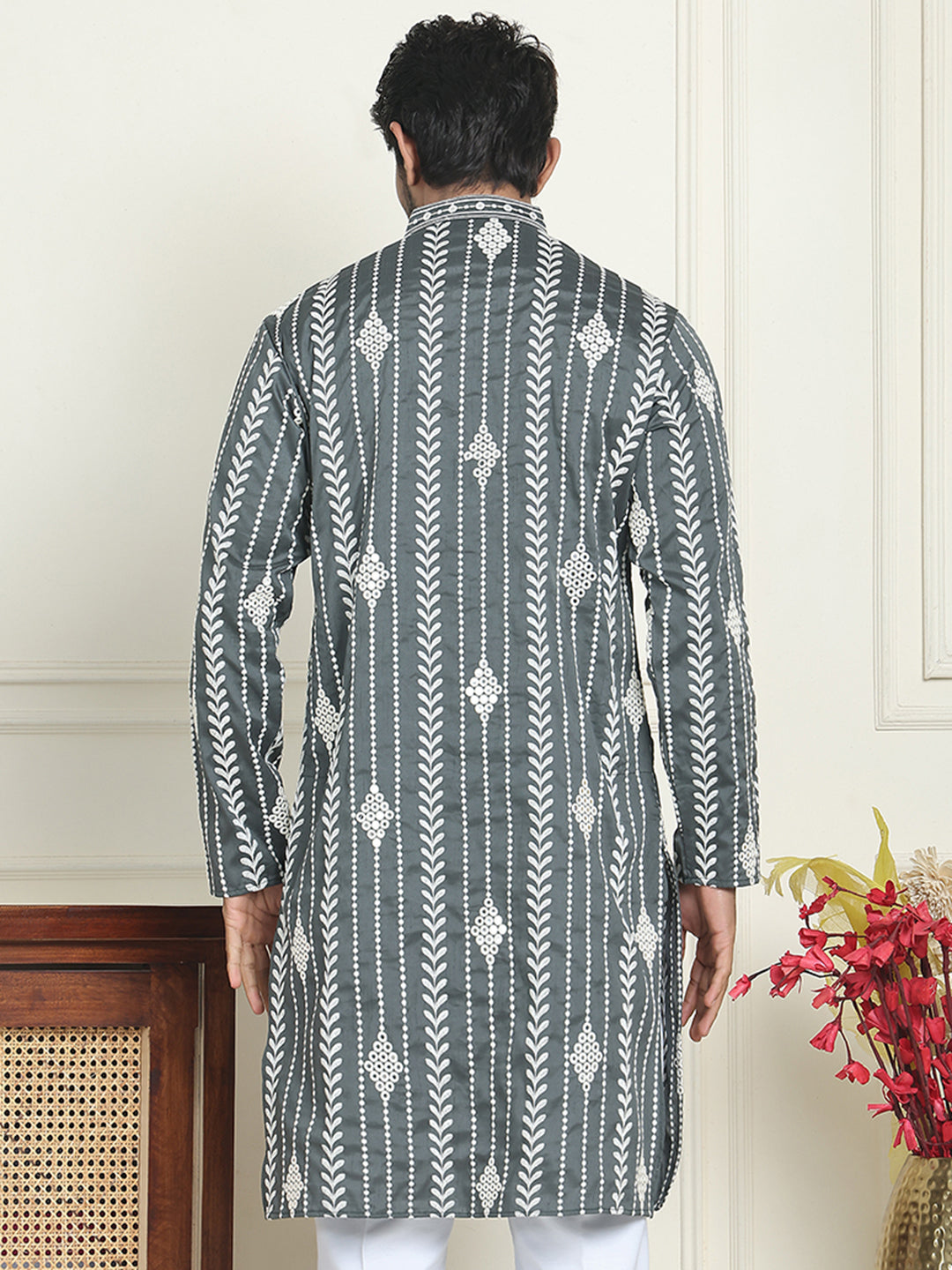 DesiQlo Men Embroidered Kurta Only - Grey - KO_5199Grey_S