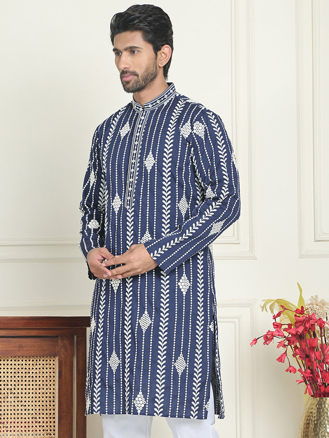 DesiQlo Men Embroidered Kurta Only - Blue - KO_5199Navy_S