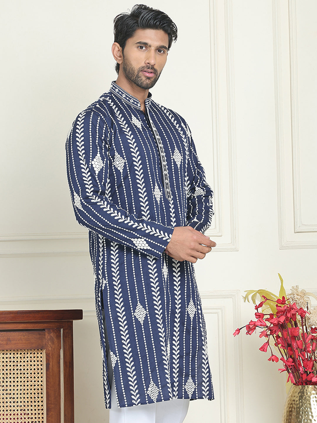 DesiQlo Men Embroidered Kurta Only - Blue - KO_5199Navy_S