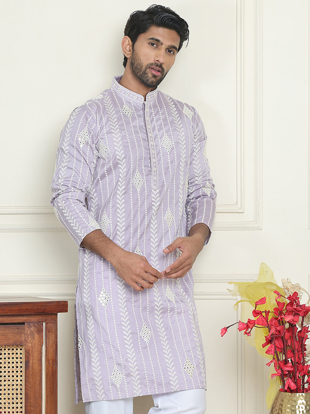 Embroidery and mirror work straight Kurtas. ( KO 5199 lavender ) [FF] [ I1 & I2 ]