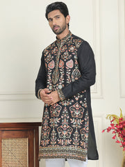 Floral Embroidered Straight Kurtas For Men ( KO 5200 Black ) [FF] [H-7]