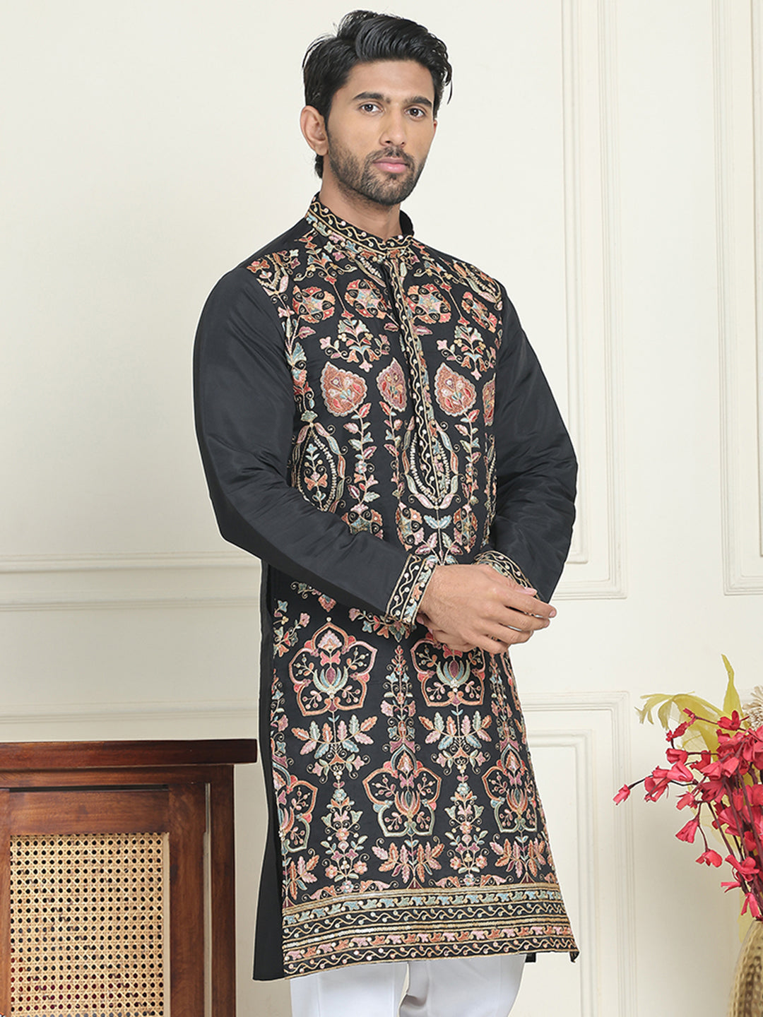 DesiQlo Men Embroidered Kurta Only - Black - KO_5200Black_S