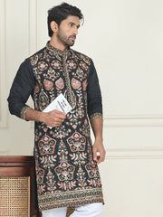 Floral Embroidered Straight Kurtas For Men ( KO 5200 Black ) [FF] [H-7]