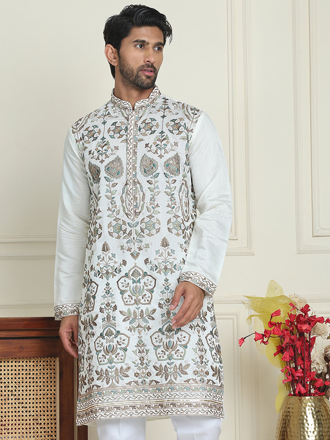 DesiQlo Men Embroidered Kurta Only - White - KO_5200White_S