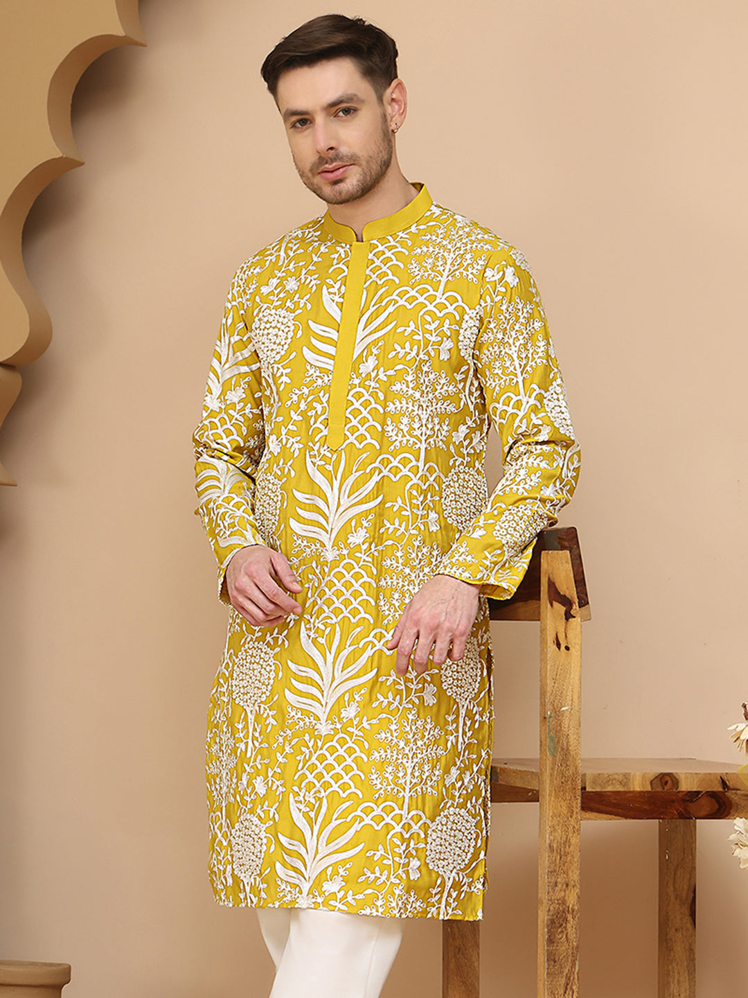 DesiQlo Men Embroidered Kurta Only - Yellow - KO_5201Yellow_S