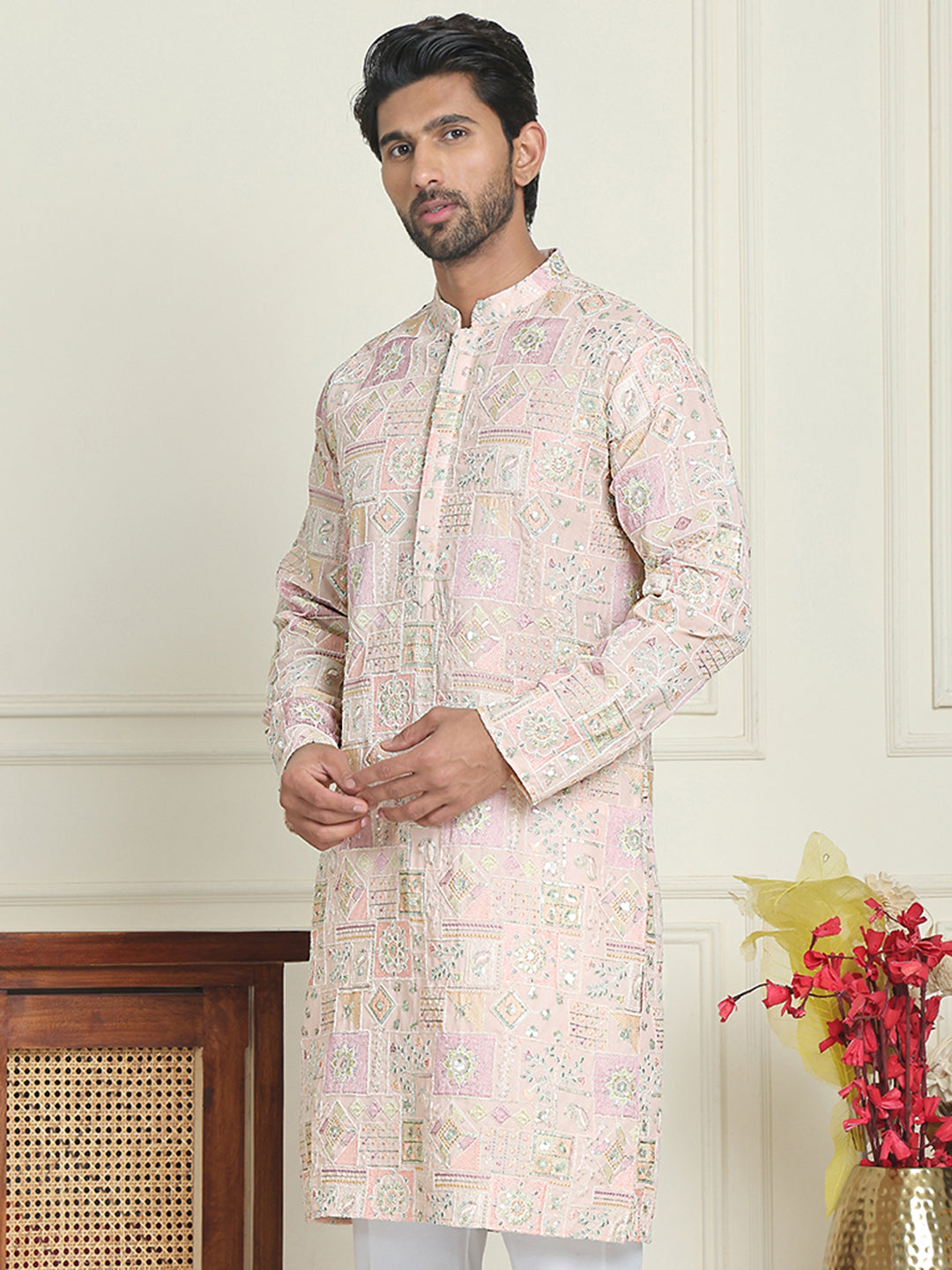 DesiQlo Men Embroidered Kurta Only - Orange - KO_5202Peach_S