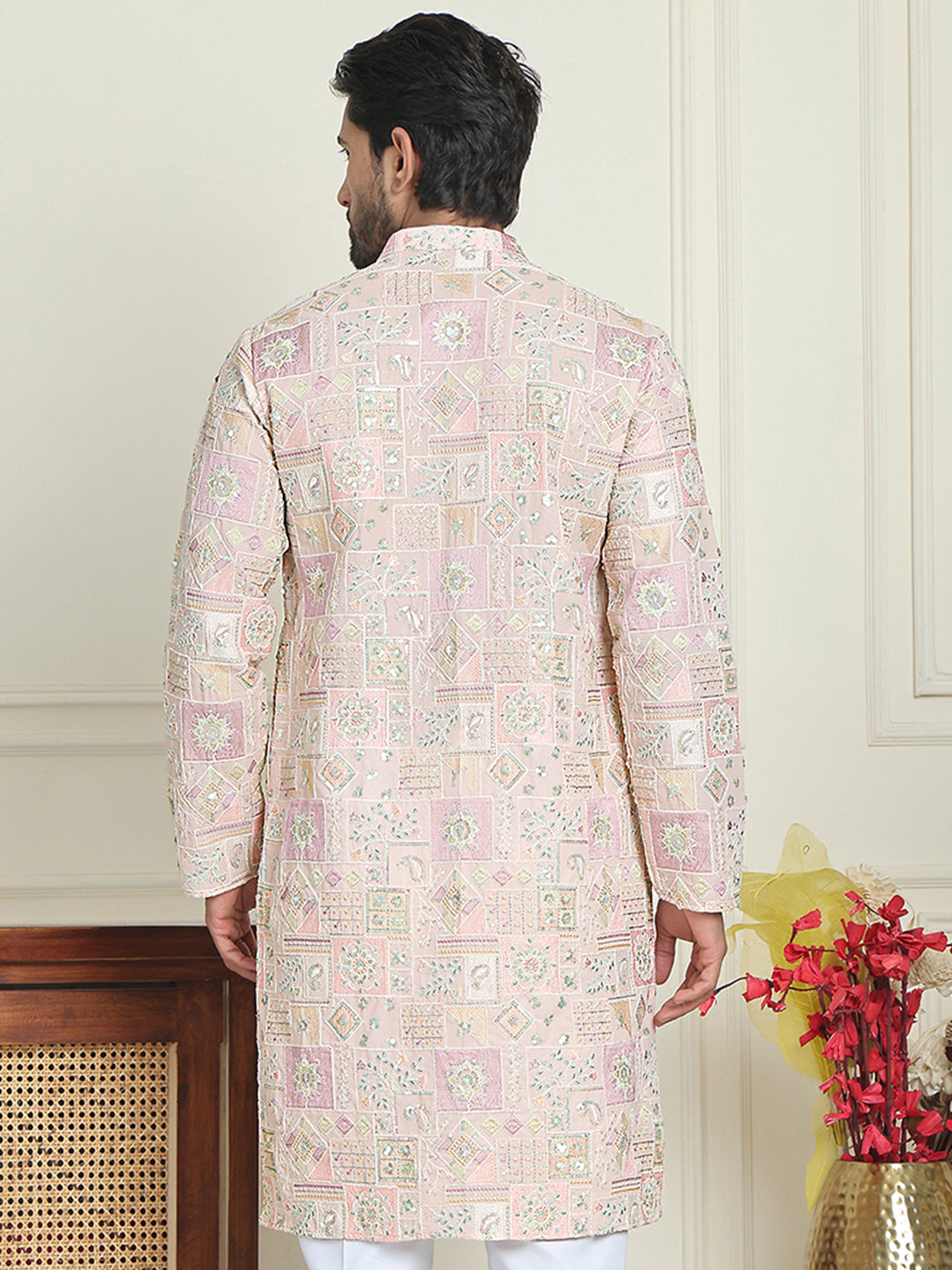 DesiQlo Men Embroidered Kurta Only - Orange - KO_5202Peach_S