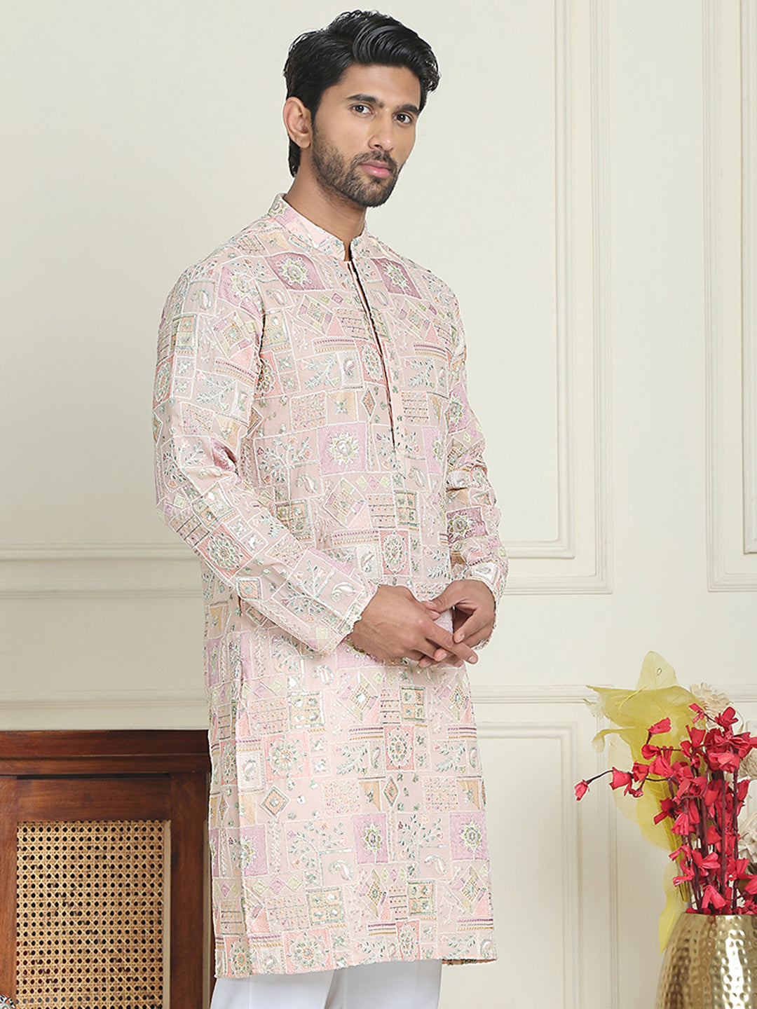 DesiQlo Men Embroidered Kurta Only - Orange - KO_5202Peach_S
