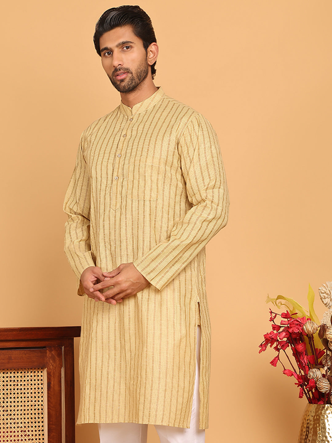 DesiQlo Men Striped Kurta Only - Beige - KO_5207Beige_S