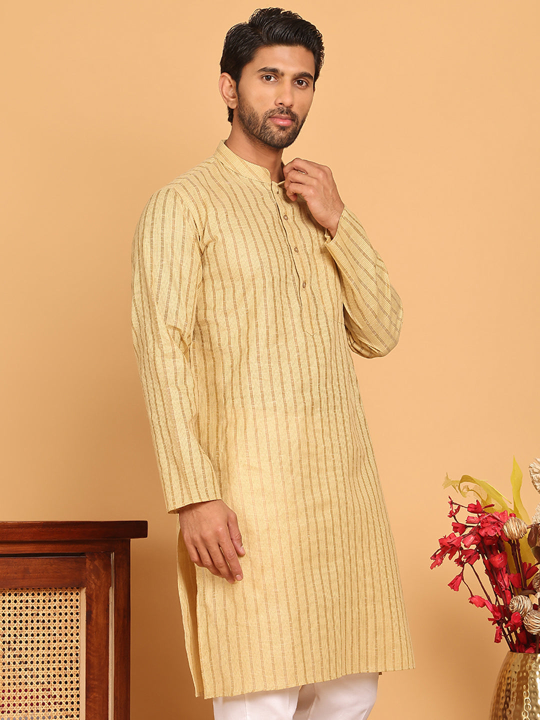 DesiQlo Men Striped Kurta Only - Beige - KO_5207Beige_S