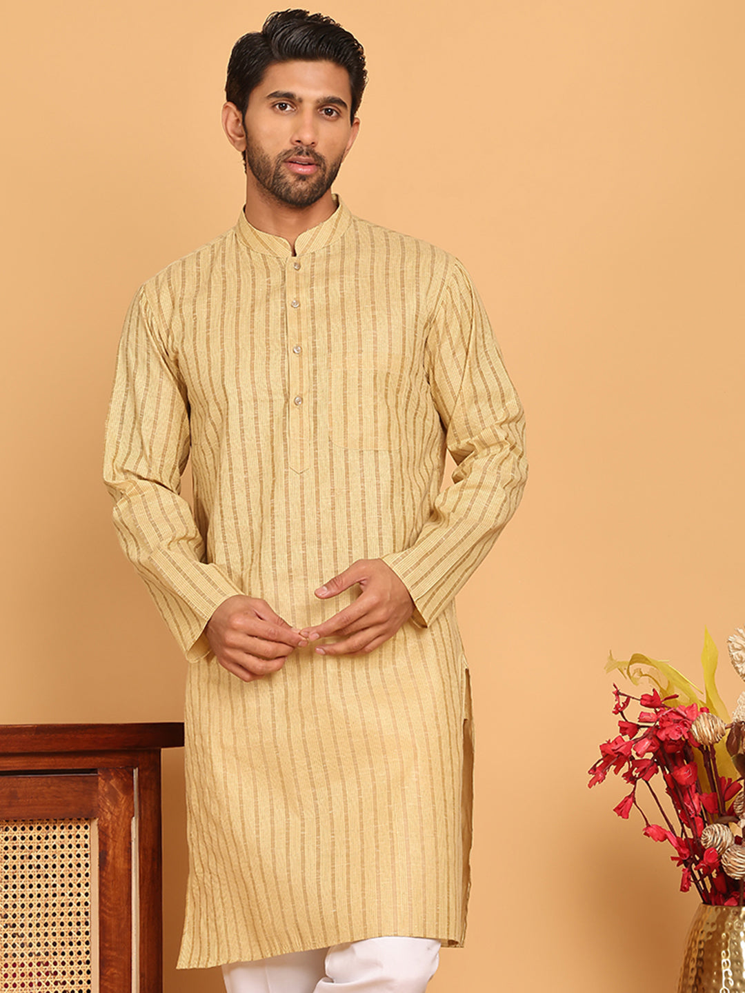 DesiQlo Men Striped Kurta Only - Beige - KO_5207Beige_S