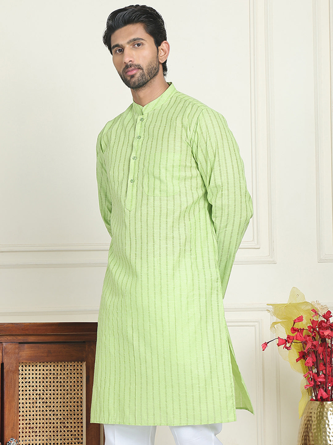 DesiQlo Men Striped Kurta Only - Green - KO_5207Green_S