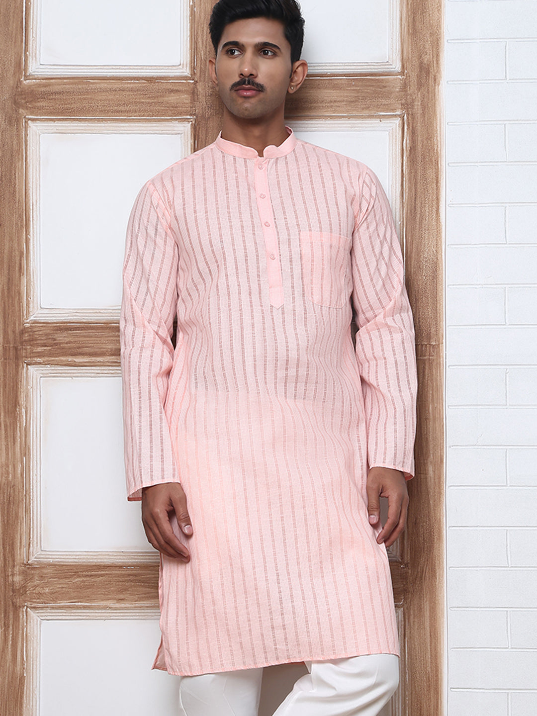 DesiQlo Men Striped Kurta Only - Orange - KO_5207Peach_S