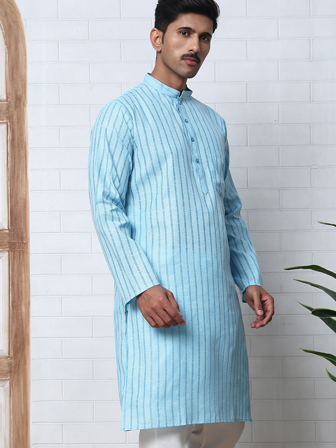 DesiQlo Men Striped Kurta Only - Blue - KO_5207Sky_S