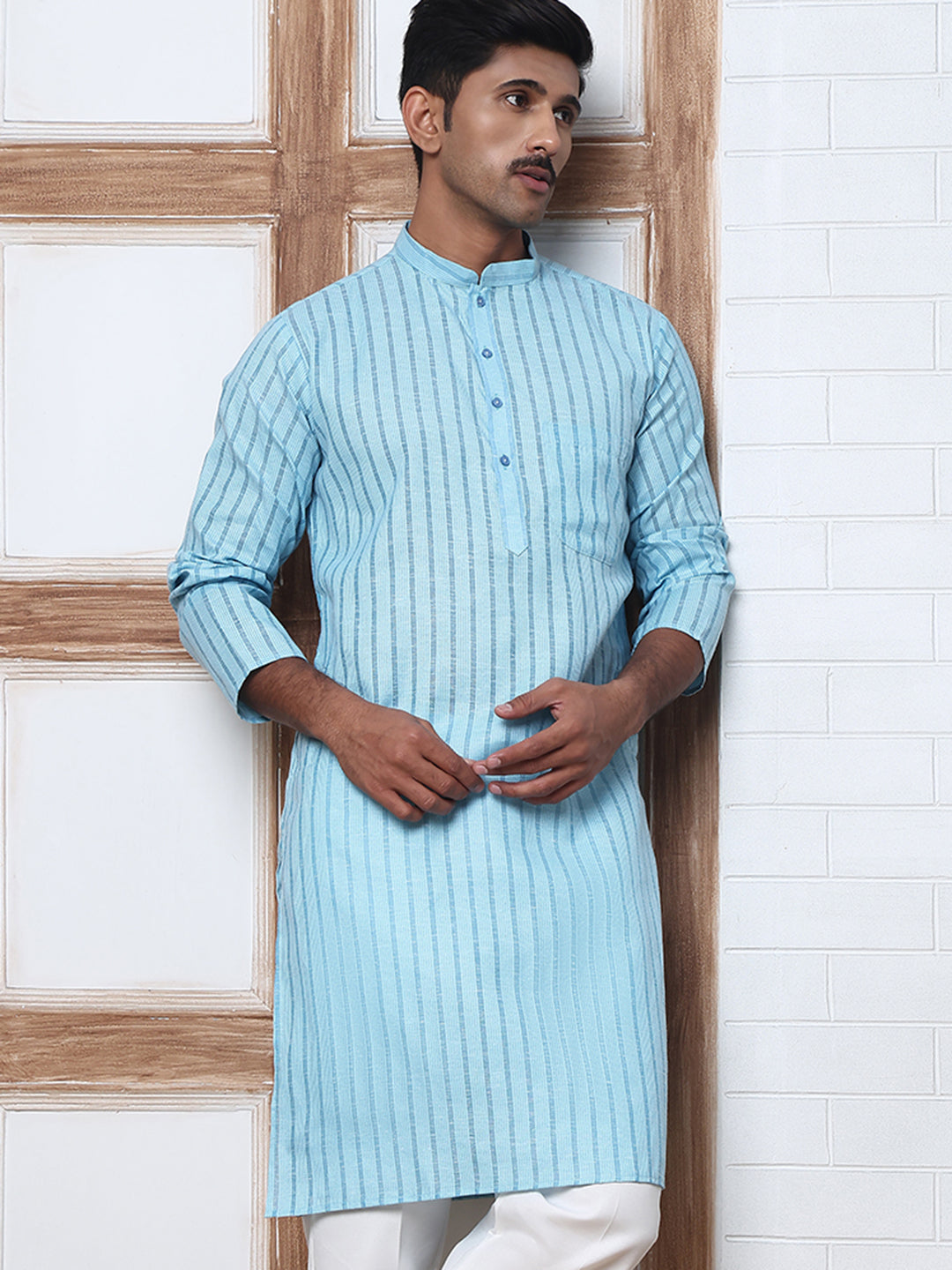 DesiQlo Men Striped Kurta Only - Blue - KO_5207Sky_S