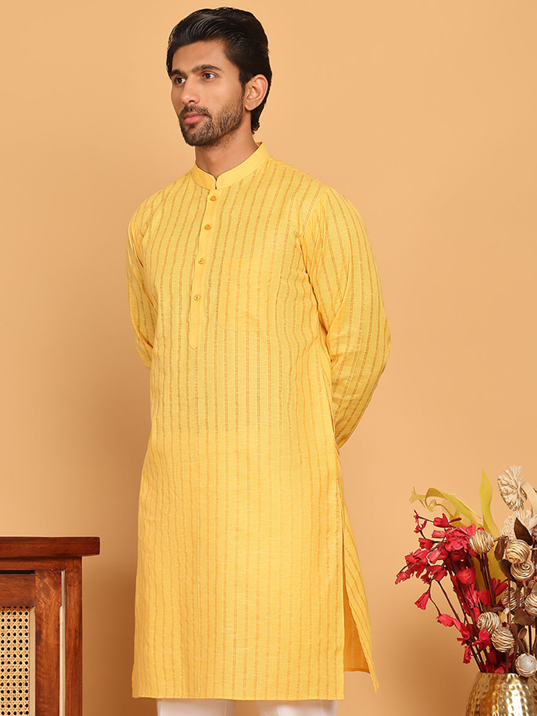 DesiQlo Men Striped Kurta Only - Yellow - KO_5207Yellow_S