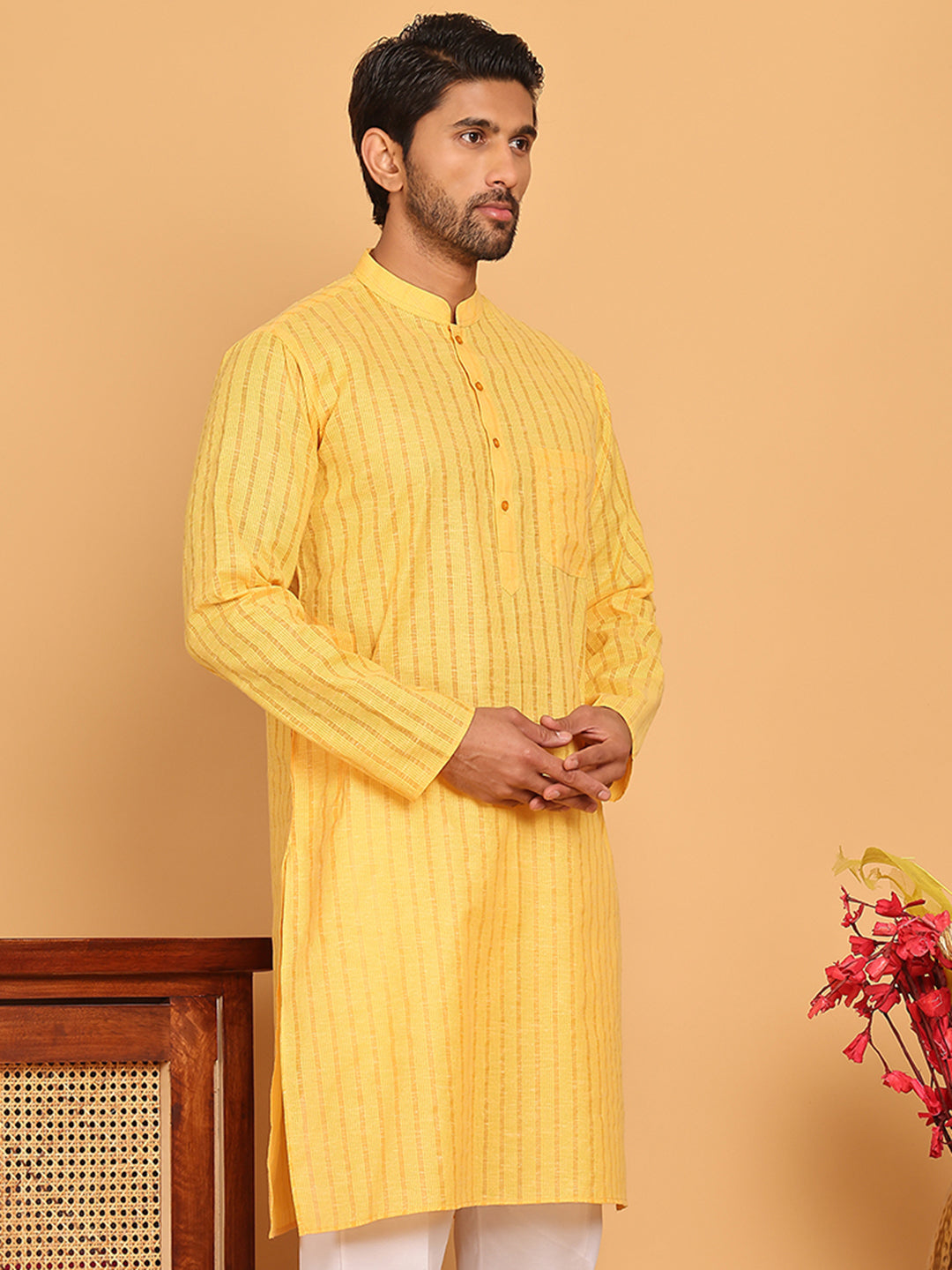 DesiQlo Men Striped Kurta Only - Yellow - KO_5207Yellow_S