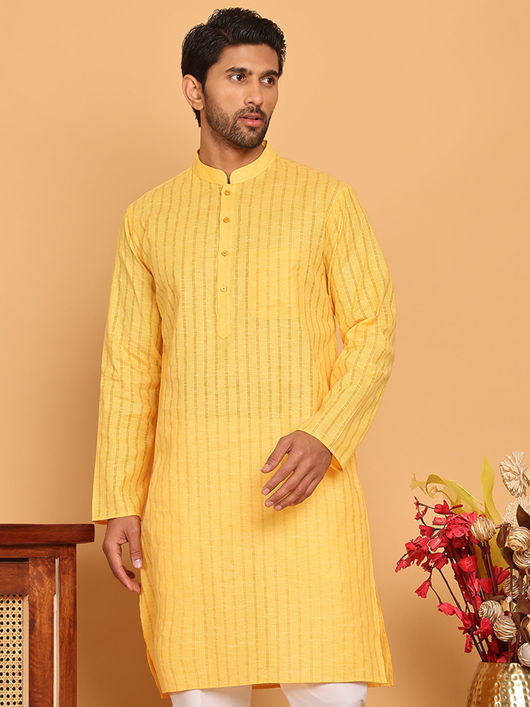DesiQlo Men Striped Kurta Only - Yellow - KO_5207Yellow_S