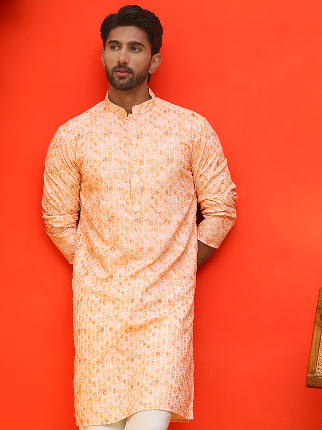 DesiQlo Men Geometric Kurta Only - Orange - KO_5208Orange_S