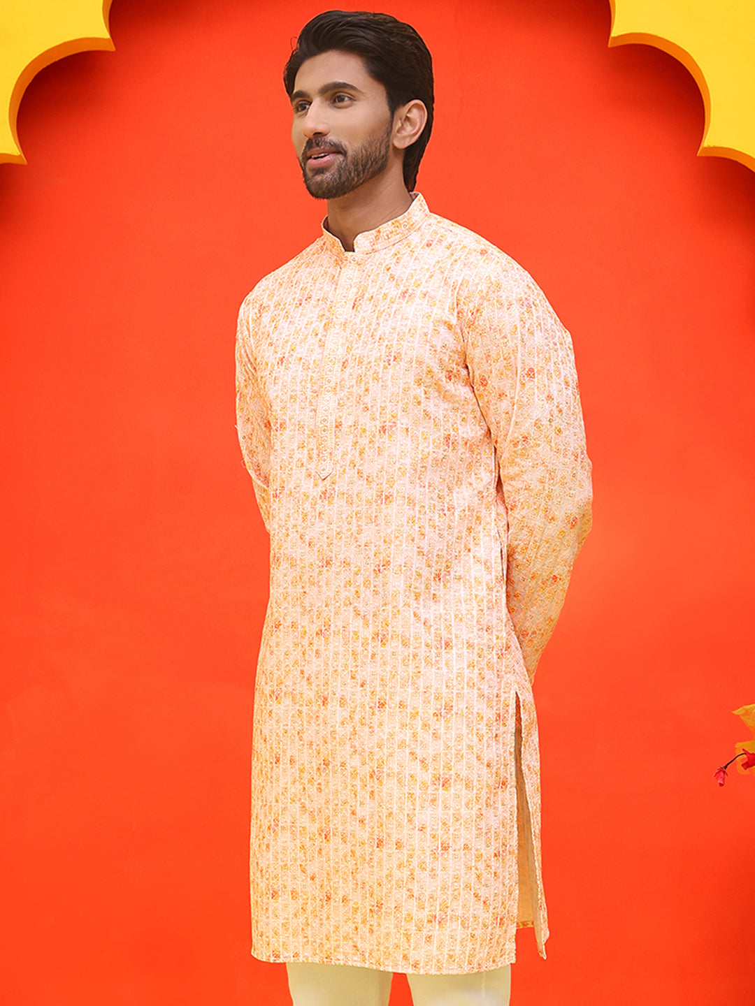 DesiQlo Men Geometric Kurta Only - Orange - KO_5208Orange_S